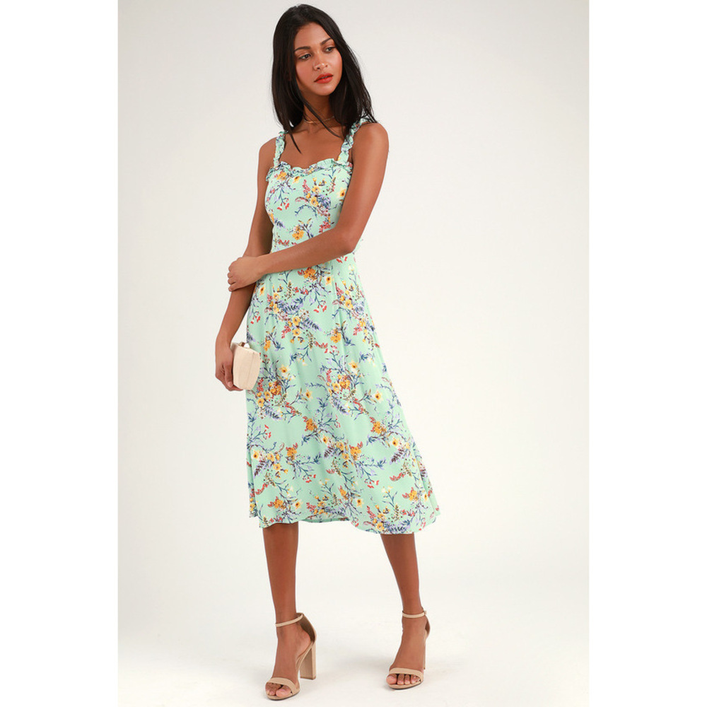 Sunny Meadow Sage Green Floral Print Tie-Back Midi Dress